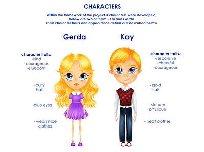 Kai and Gerda character design book illustration boy character characters crown curly hair dress girl golden hair ice snow snow queen tale