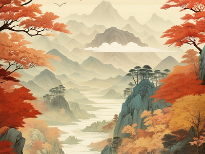 Japanese Art - Mountains digital art hights japanese art mountains painting river