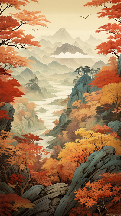 Japanese Art - Mountains digital art hights japanese art mountains painting river