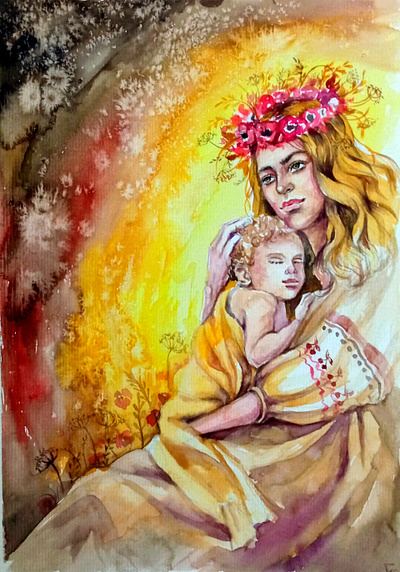Original watercolor painting Ukraine, Mother and Child, Ukraine art hand painted illustration love paint painting people ukraine