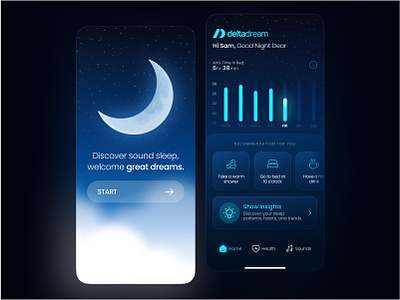 Deltadream, Sleep Care App app appdesign application darktheme design dream mobile mobileapp moon night nights sleep ui uidesign