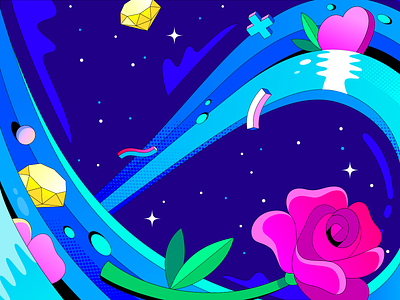 Space Wave blue design diamond flower graphic design heart illustration jewel outer space outerspace pink rose space stars tiktok vector wave