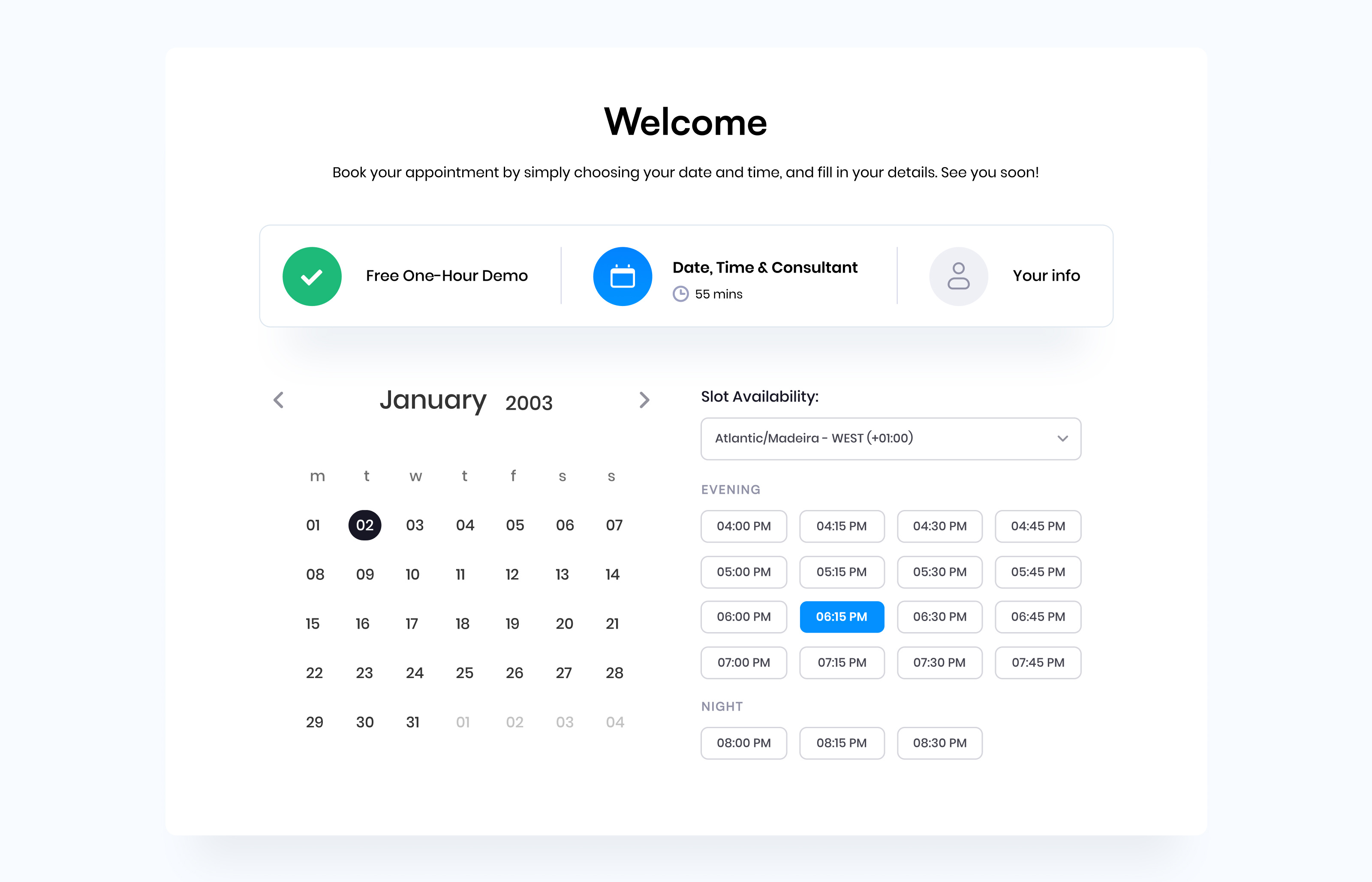 Book a Time in the Calendar UI app design graphic design ui website white