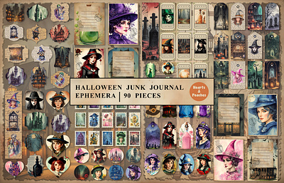 Free Halloween Junk Journal Ephemera bookmarks design digital art envelopes free freebie halloween halloween ephemera halloween junk journal kit illustration labels post cards printable epheera pumpkin spooky stamps tags tickets watercolor