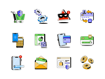 Privacy Illustrated Icons alert banking branding cart chart chip credit debit email fraud icon masking money notification npc privacy security send settings swap