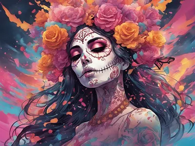Masquerade beautiful beauty celebration colorful costume dia de los muertos digital illustration digital painting expressive festival fiesta flowers illustration mexican mexico portrait roses woman