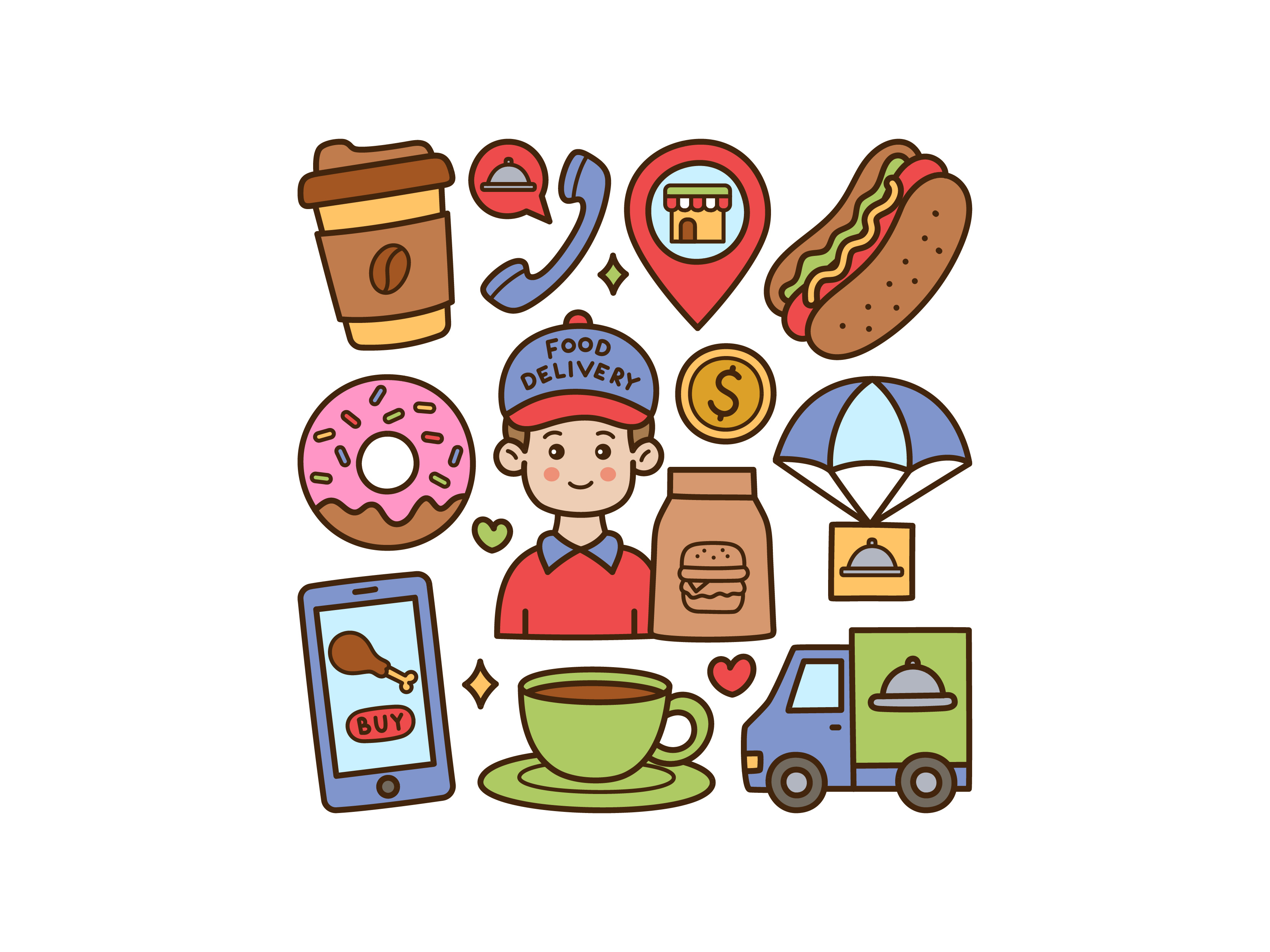 Food Delivery Handdrwan Doodle coffee cute doodle fooddelivery hotdog illustration vector