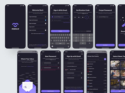 Mabolin - Sign In, Sign Up & Forgot Password app confirm email create an account forget password hot news input log in login mobile news pop up register registration reset password sign in sign up splash screen ui ux verification