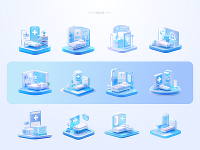 Smart hospital icons 3d ai bed blue hospital mj scene building ui