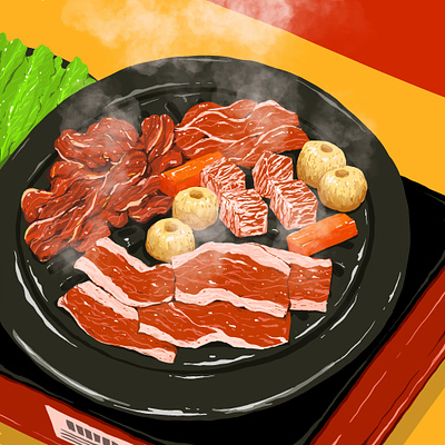 Korean barbeque asian food barbeque colorful cooking digital painting food grilled meat illustration kitchen korean food meat procreate