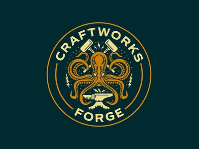 Craftworks Forge - Logo design anvil badge badge design badges branding circular logo design geometric illustration line lineart logo logo design minimal monoline octopus patch vintage vintage logo works