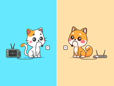 Don't let your pet unplug your cable🐱🐶 activity animals cable cat cute digital dog icon illustration japan logo radion shiba inu signal technology television unplug wifi working