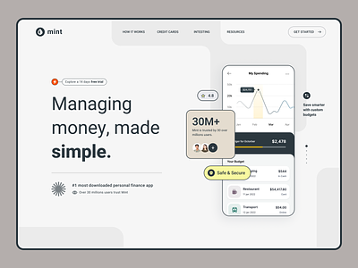 Mint- The free money manager and financial tracker budgeting app clean design finance financial tracker fintech apps fintech website graphic design illustration landing page landing page for apps minimalist money manager product design ui ui illustration ux web apps web design website