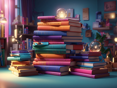 Enchanted Colorful Books: A Vibrant Library 3d 3d art ai art book books cgi colorful colorful books colors design enchanted glow glowing illustration library lights literature props room stacks