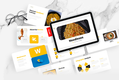 Noodleses PowerPoint Template black business cheff food gsl key modern powerpoint template ppt pptx presentation template profile restaurant ui website white yellow
