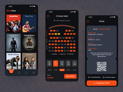 BookNow: Seamless Ticket Booking app design cinema cinema app cinema ticket comedy show concept app dark mode event game health fitness interface manager mobile app music show payment qrcode ticket ticket app ui visual design