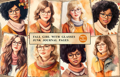 Free Fall Girl with Glasses Junk Journal Pages autumn autumn girl autumn junk journal pages autumn printable pages cozy fall girl cute girl wearing glasses design digital art digital download fall fall girl fall junk journal pages fashion freebie graphic design illustration pumpkin sweater weather thanksgiving watercolor