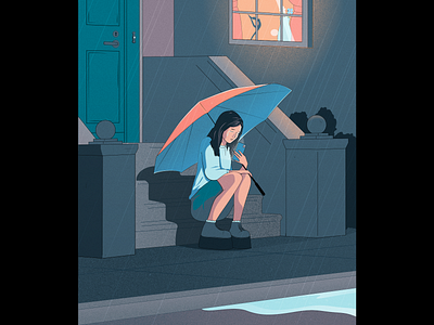 Unfortunate News character design comic book editorial evening girl illustration news night phone rain sad street umbrella