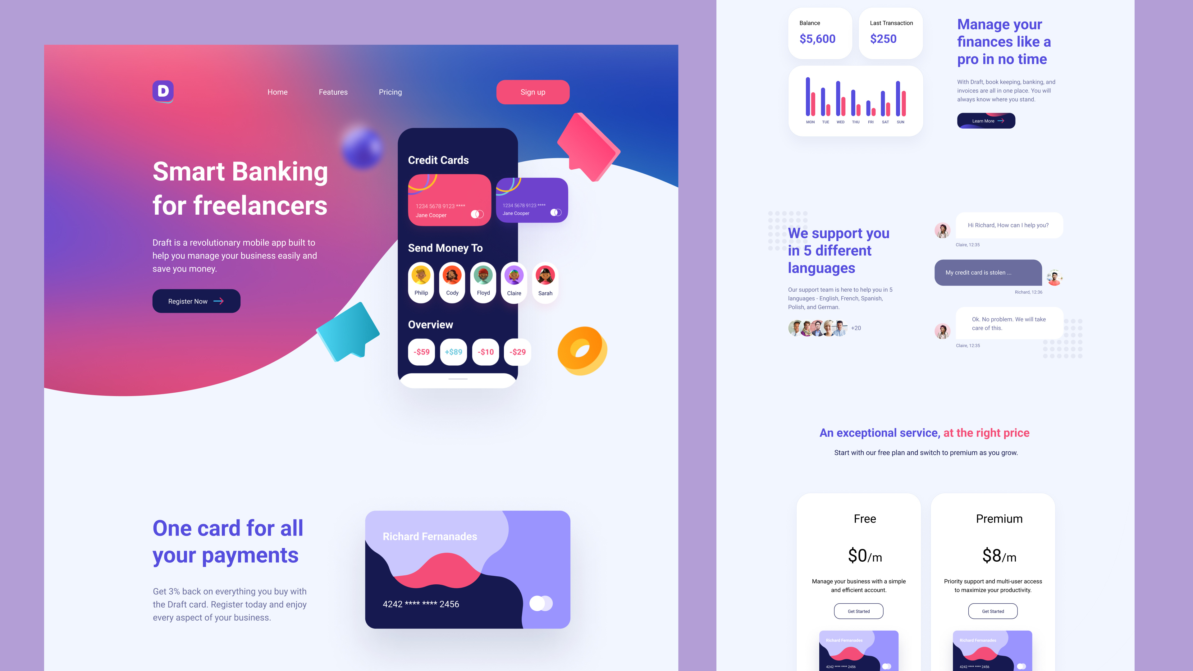 Example of Draft banking website landing page