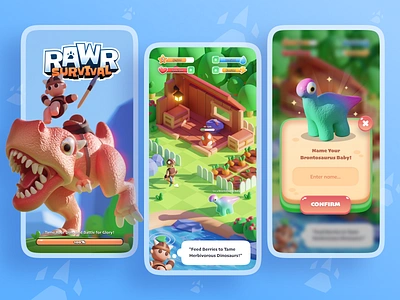 Rawr Survival - 3D Game Mobile Concept 3d 3d illustration blender dino exploration mobile game orenji survival ui