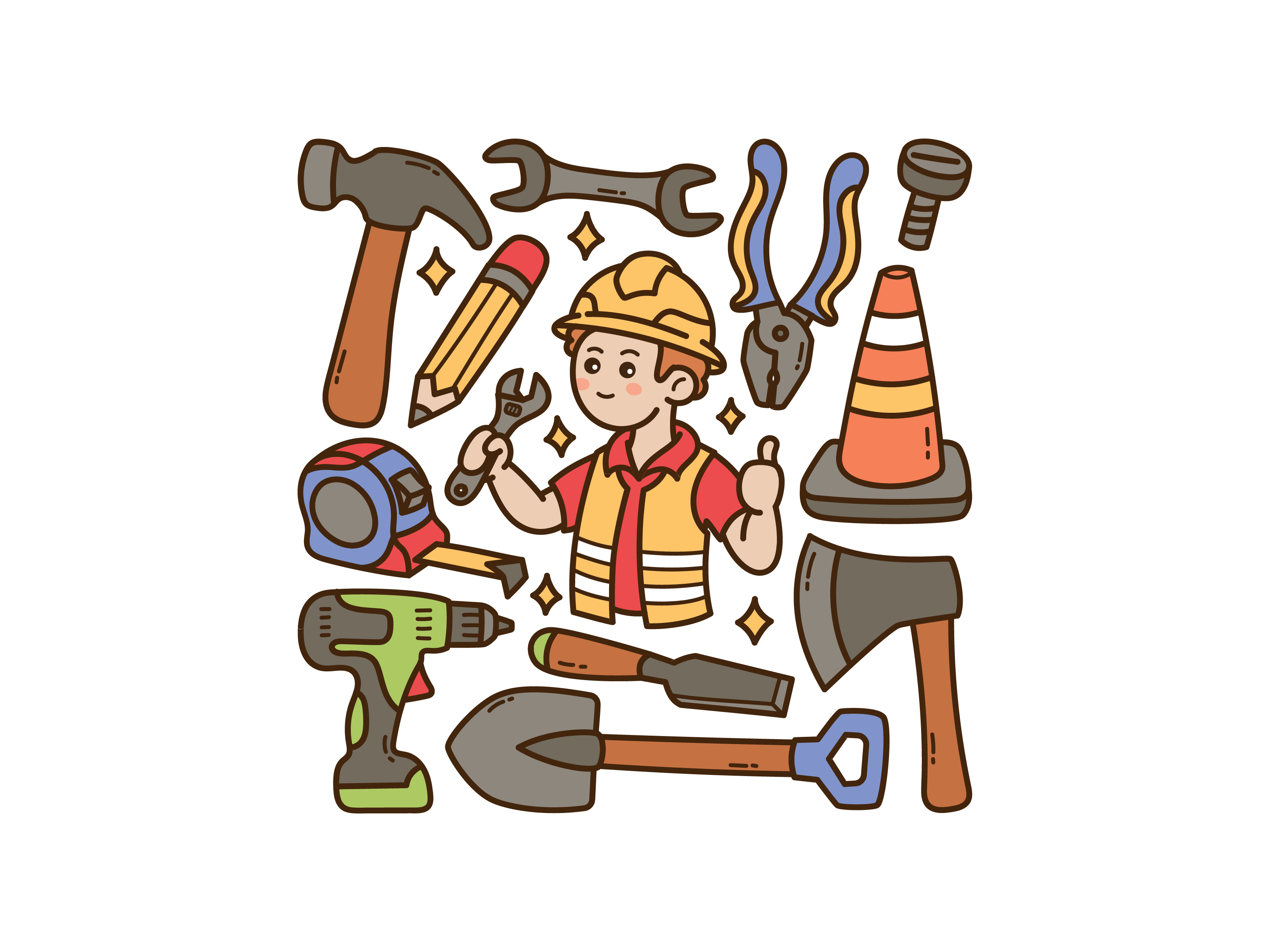 Labor Day Doodle Set axe pliers drillingmachine cute doodle drillingmachine icon illustration pliers drillingmachine vector