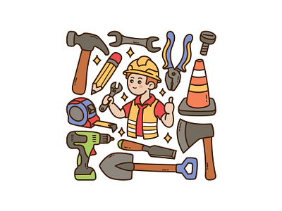 Labor Day Doodle Set axe pliers drillingmachine cute doodle drillingmachine icon illustration pliers drillingmachine vector