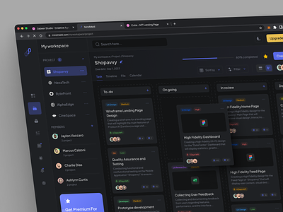 MindMeld - Task Management Dashboard card clean component dark mode dashboard management navigation product design saas sidebar task task management to do list ui component ui design uiux uiux design ux design web design website