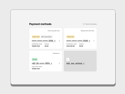 Payment methods button card credit card desktop hidden hyperlink minimal overview payment payment method settings toggle web web design