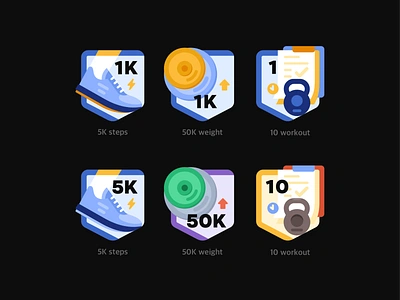 Badge icons achievemnet app award badges branding design fitness graphic design icon icon set illustration logo medal progress run steps vector weight workout