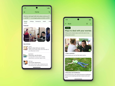 Health Information App For Teens android app app design articles green health healthcare material design mobile app news news app pixel 7 ui ui design uiux ux design