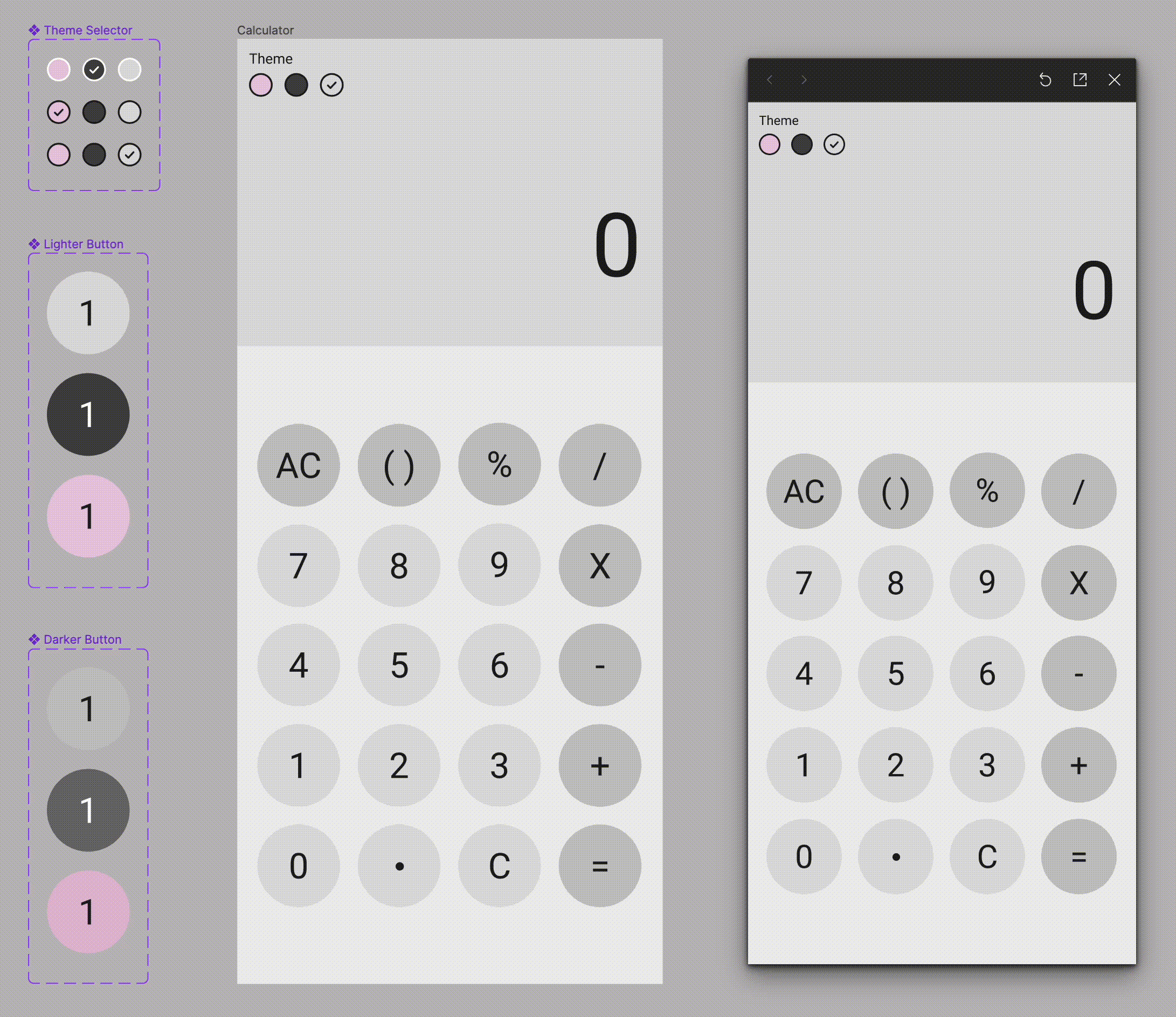 Single frame theme selector using Figma advanced prototyping advanced prototyping app beginner buttons calculator dark design figma light mobile pink prototyping theme theme selector themes ui ux variables