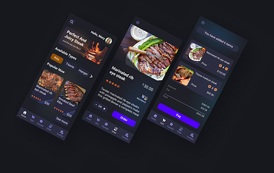 Few screens of a steak ordering APP barbecue app dark mode screen app ecomerce product designer restaurant app steak app ui uiux designer ux