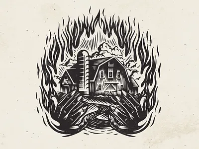 Demons Farm barn beer brewery clouds dark demon evil farm farming farmland fire flames hands illustration ink landscape linocut river vintage woodcut