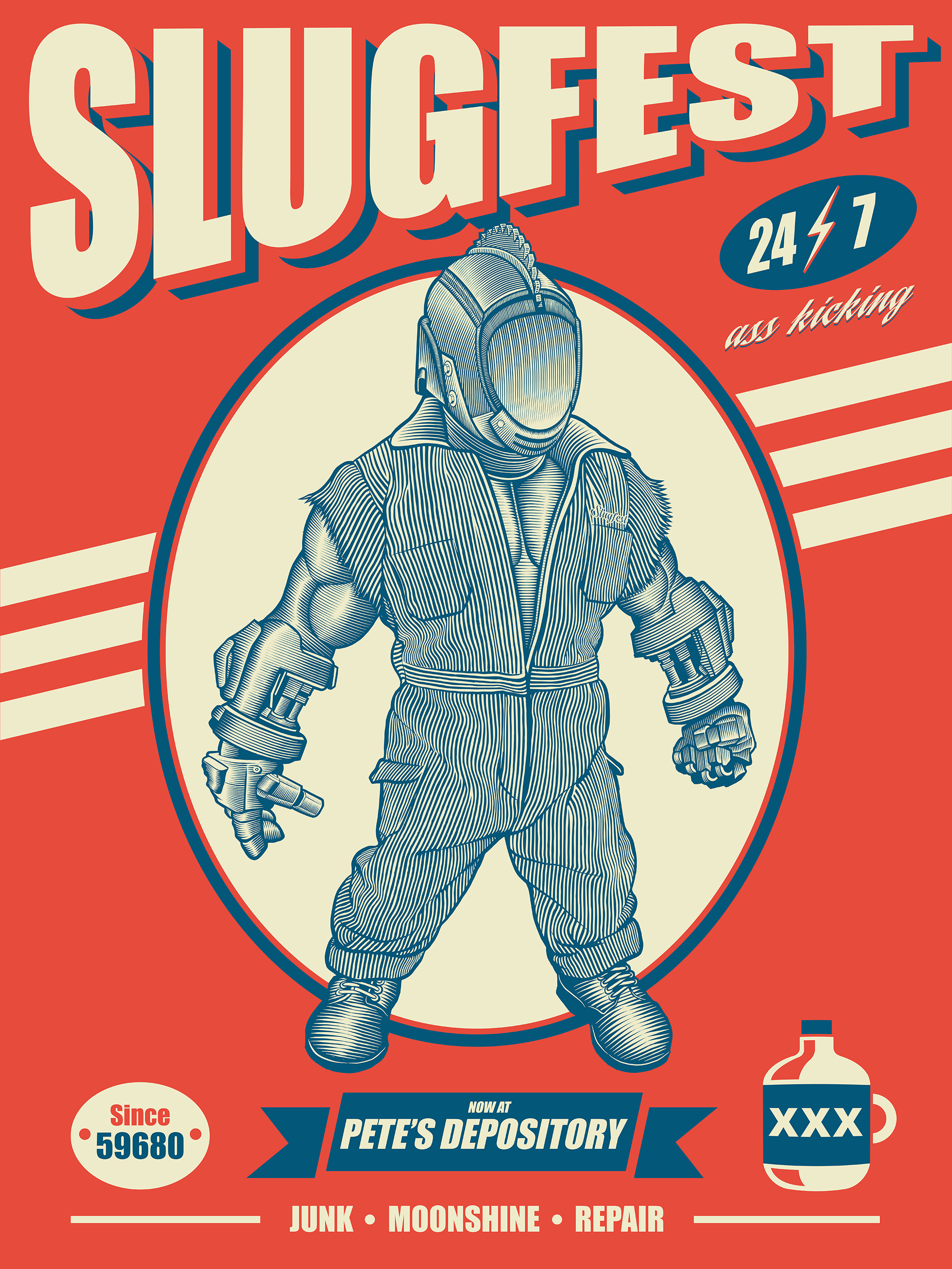 Slugfest Illustration for Mezco Toyz comic art comic book cyborg engraving graphic design illustration illustrations line work logo logo design poster poster art robot science fiction screenprint silk screen toy art vector vector art