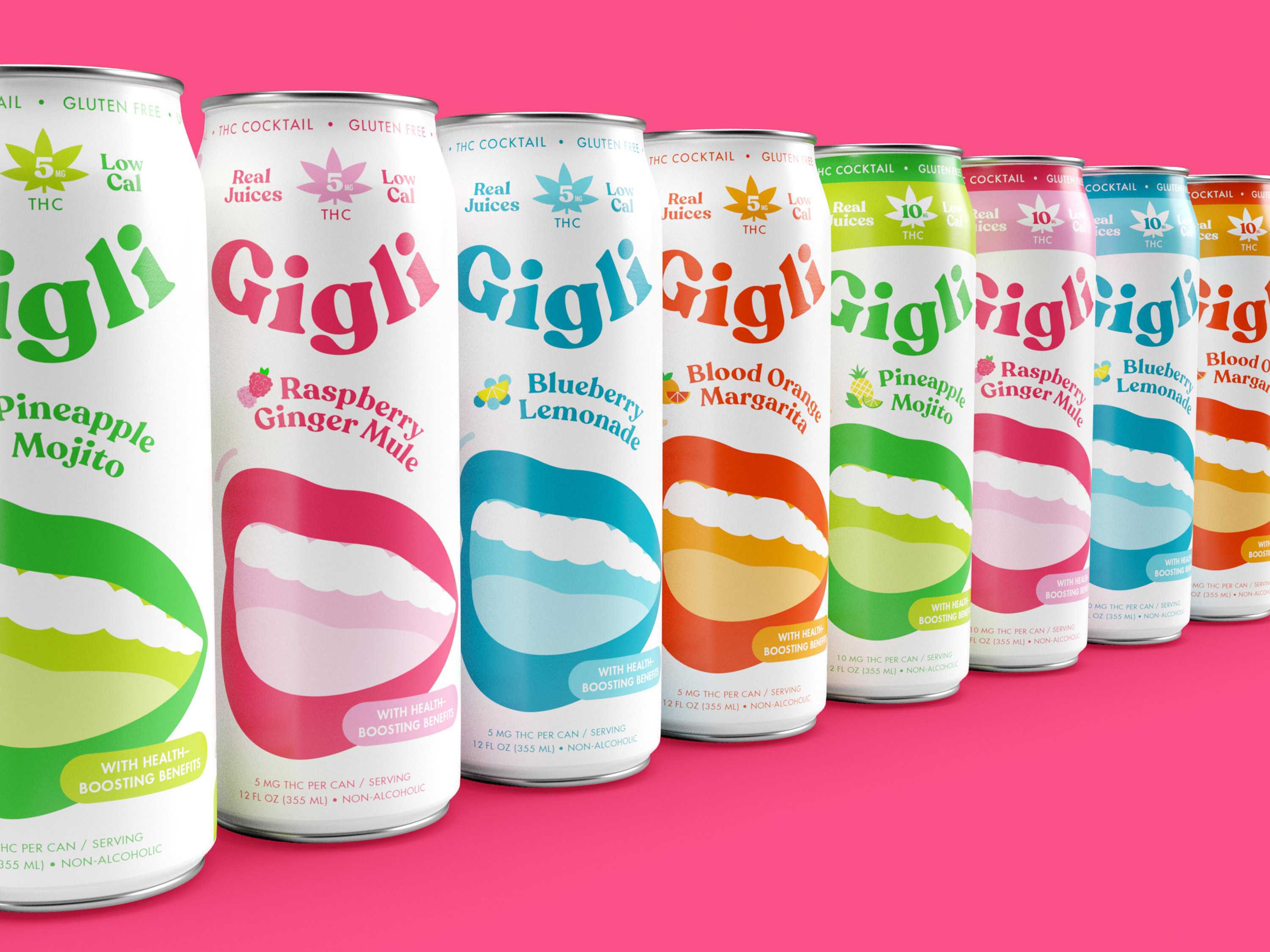 Gigli THC Seltzer beverage branding can cannabis cans cocktail drink giggle giggly gigli hemp laugh lips logo mouth packaging pop art seltzer thc weed