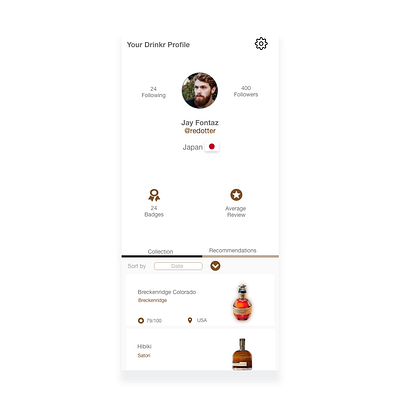 Drinkr profile page, DailyUI dailyui ui