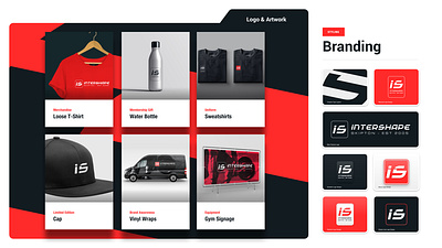 Intershape Fitness black branding community fitness gym logo design merchandise red signage sport ui ux website white