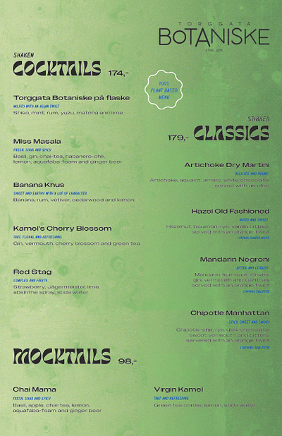 Cocktail menu for Torggata Botaniske cocktailmenu design graphic design green menudesign plantbased typography