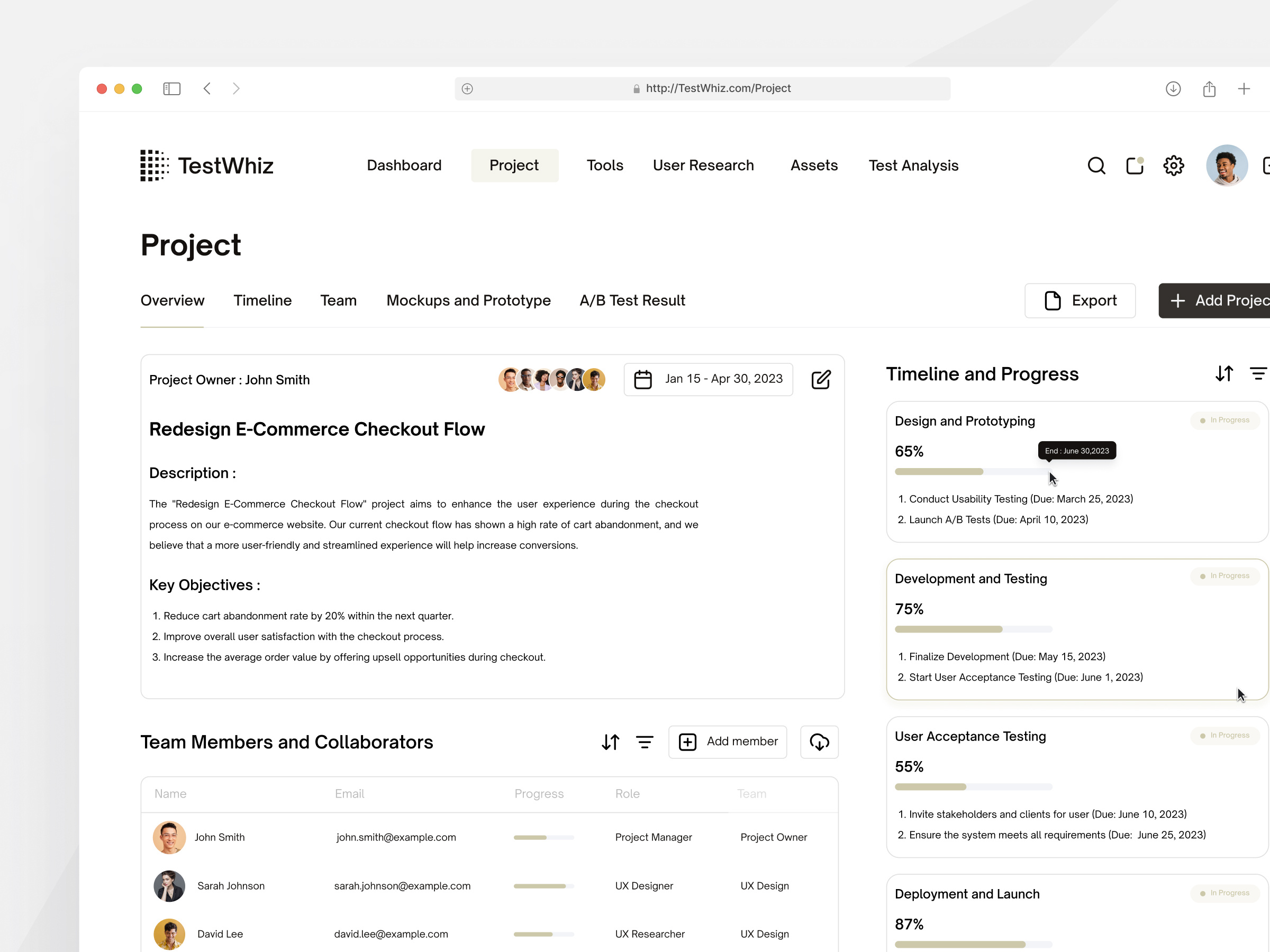 Project page - TestWhiz ab ai b2b dashboard design saas service table testing ui ux web web app
