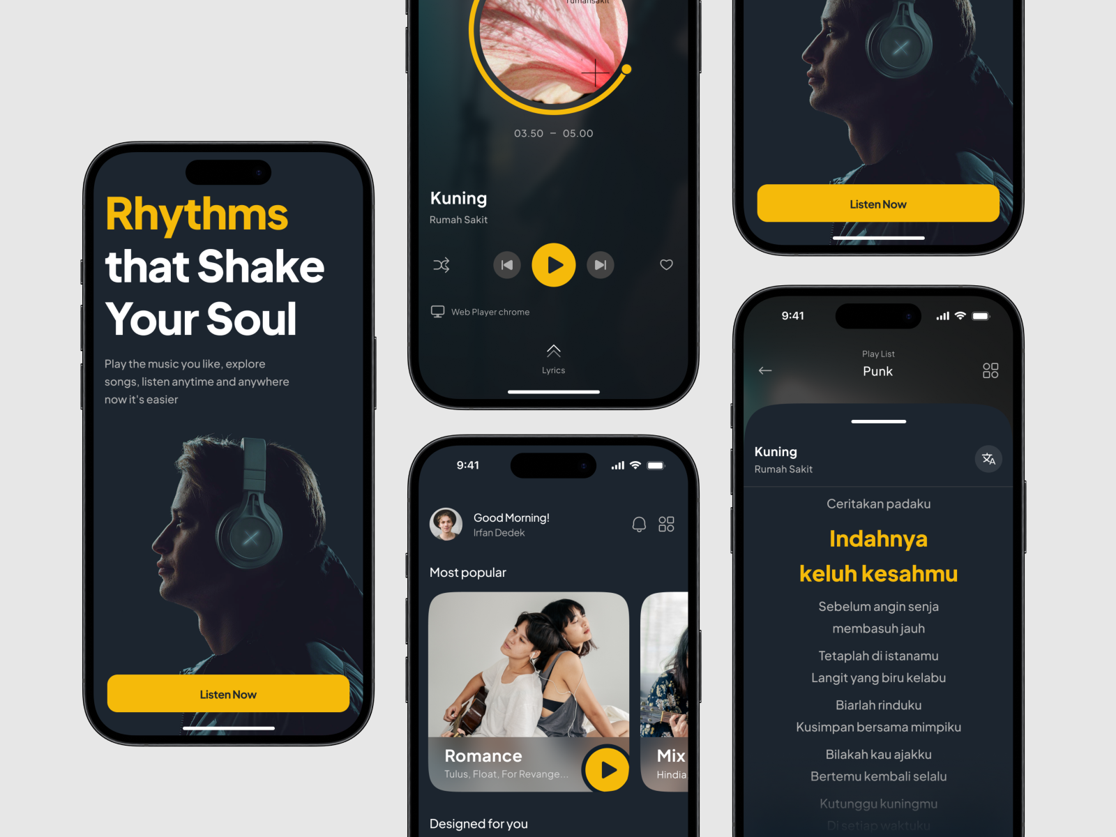 Rhythms - Music Mobile App app design apple music audio dark ui design mobile app iu mobile mobile app music app music mobile app music player playlist podcast spotify streaming mobile app streaming music ui ux