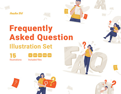 FAQs Page Vector Illustration Set cartoon character contact us customer support design faq flat design frequently asked question graphic design help center illustration landing page page problem solving question answer search site ui vector website
