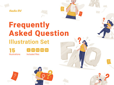 FAQs Page Vector Illustration Set cartoon character contact us customer support design faq flat design frequently asked question graphic design help center illustration landing page page problem solving question answer search site ui vector website