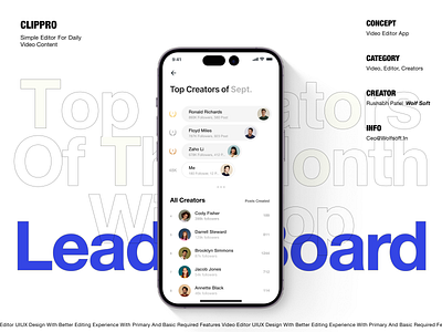 Leader Board of top content creators app case study content creator design editing graphic design illustration ios leader board list of user mobile saas ui uikit uiux ux design video video editing video editor