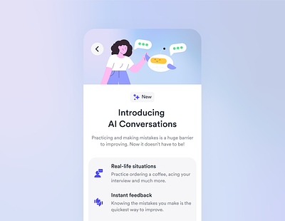 New feature ui ai app badge conversation design feature feedback gradient icons illustration ios language learning new practice speaking stars ui update ux