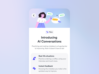 New feature ui ai app badge conversation design feature feedback gradient icons illustration ios language learning new practice speaking stars ui update ux
