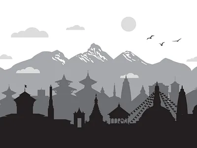 kathmandu city skyline baudhanath cityscape design graphic design heritage illustration kathmandu kathmandu city kathmandu valley landscape mountain narayanhiti narayanhiti palace ndas pashupati silhouette skyline swoyambhu temples vector