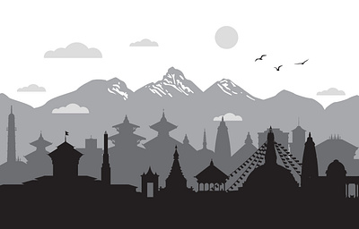 kathmandu city skyline baudhanath cityscape design graphic design heritage illustration kathmandu kathmandu city kathmandu valley landscape mountain narayanhiti narayanhiti palace ndas pashupati silhouette skyline swoyambhu temples vector