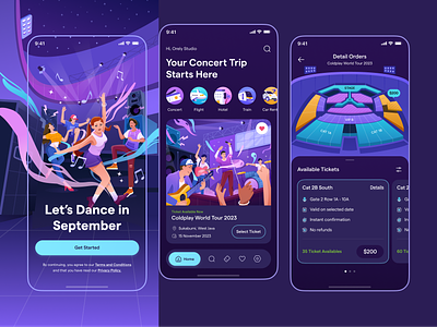 Concert Trip Planner: Mobile App 🎤 application club colorful concert dancing dark theme design flight full illustration home screen hotel ios mobile app onboarding orely party stadium ticket ui ux design