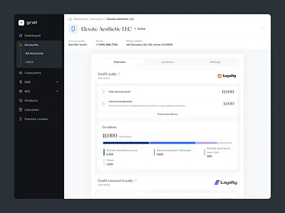 Grail - Account Details Screen account details account management admin portal charts dashboard location location management loyalty metrics saas statistics widgets