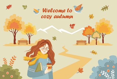 Welcome to cozy autumn autumn cozy design girl graphic design illustration nature park vector walk